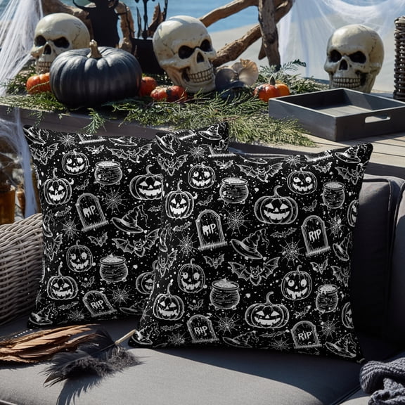 Outdoor Waterproof Throw Pillow Cover 16"x16" Pack of 2 Halloween Theme Horror Black and White Decorative Pillowcases,Square Cushion Case for Couch Patio Tent Garden,Pumpkin Gnost Face