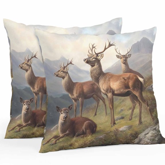 Outdoor Waterproof Throw Pillow Cover 16"x16" Pack of 2 Rustic Animal Deer Herd Decorative Pillowcases,Square Cushion Case for Couch Patio Tent Garden,Mountain Landscape