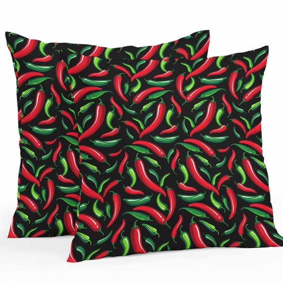 Outdoor Waterproof Throw Pillow Cover 16"x16" Pack of 2 Spicy Chili Pepper Pattern Decorative Pillowcases,Square Cushion Case for Couch Patio Tent Garden,Red Green Peppers on Black