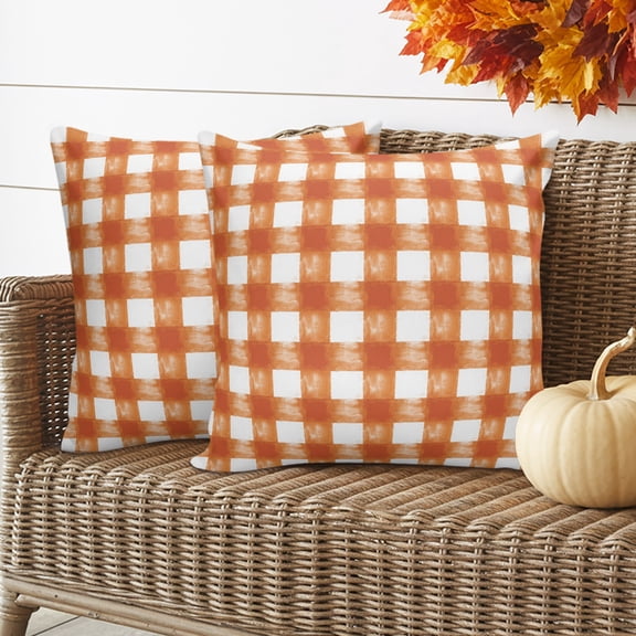 Outdoor Waterproof Throw Pillow Cover 16"x16" Pack of 2 Watercolor Pastoral Buffalo Checkered Decorative Pillowcases,Square Cushion Case for Couch Patio Tent Garden,Orange White Plaid