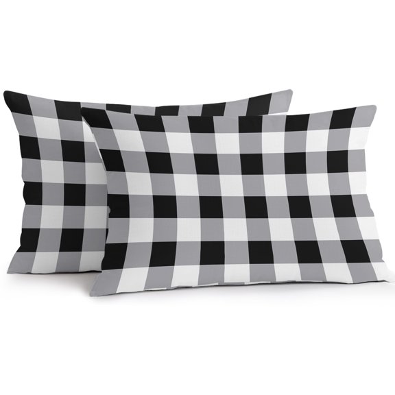 Outdoor Waterproof Throw Pillow Cover 20"x12" Pack of 2 Black White Buffalo Plaid Decorative Pillowcases,Rectangle Cushion Case for Couch Patio Tent Garden,Modern Minimalist Checkered