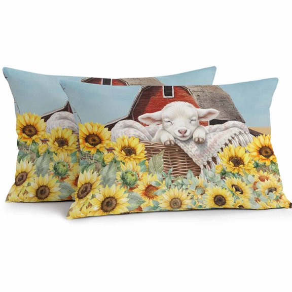 Outdoor Waterproof Throw Pillow Cover 20"x12" Pack of 2 Farmhouse Cute Sheep Sunflower Decorative Pillowcases,Rectangle Cushion Case for Couch Patio Tent Garden,Country Green Leaves