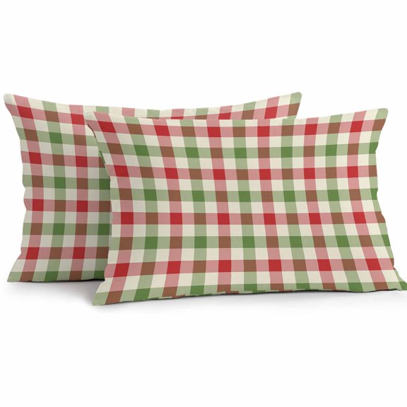 Outdoor Waterproof Throw Pillow Cover 20"x12" Pack of 2 Vintage Pastoral Red Green Buffalo Gingham Decorative Pillowcases,Rectangle Cushion Case for Couch Patio Tent Garden,Christmas Plaid