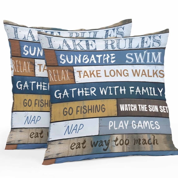 Outdoor Waterproof Throw Pillow Cover 20"x20" Pack of 2 Lake Rules Farm Blue Wood Board Decorative Pillowcases,Square Cushion Case for Couch Patio Tent Garden,Quote Wooden Grain