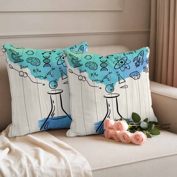 Outdoor Waterproof Throw Pillow Cover Chemical Formula Beaker on Wood Grain Decorative Pillow Covers 16x16inch Set of 2 Pillows Case, School Season Cushion Cases for Sofa Couch Patio Garden
