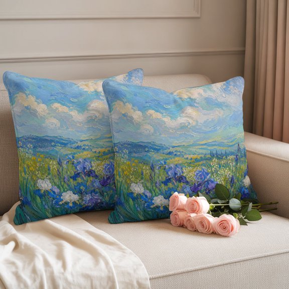Outdoor Waterproof Throw Pillow Cover Rustic Floral Blossom Irises Decorative Pillow Covers 18x18inch Set of 2 Pillows Case, Country Field Oil Painting Art Cushion Cases for Sofa Couch Patio Garden