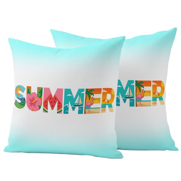 Outdoor Waterproof Throw Pillow Cover Summer Beach Vacation Flower Decorative Pillow Covers 18x18inch Set of 2 Pillows Case, Sailboat Flamingo Sun Teal Ombre Cushion Cases for Sofa Couch Patio Garden