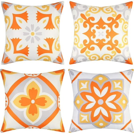 Outdoor Waterproof Throw Pillow Covers 18x18 Inch Set of 4 Boho Decorative Floral Covers for Patio Furniture Porch (18 * 18inch/45 * 45cm,Orange and Yellow)