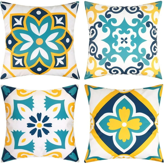 Outdoor Waterproof Throw Pillow Covers 18x18 Inch Set of 4 Boho Decorative Floral Covers for Patio Furniture Porch (18 * 18inch/45 * 45cm,Teal and Yellow)