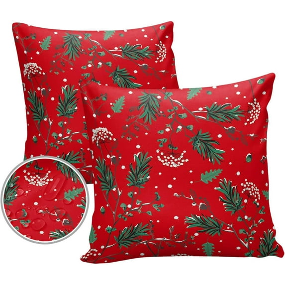 Outdoor Waterproof Throw Pillow Covers, Christmas Pine Branch Leaves Berries Snow Red Vintage Farmhouse Decoration Pillowcases Cushion Covers Cases for Patio Couch Bench, Pack of 2 Square, 18X18 Inch