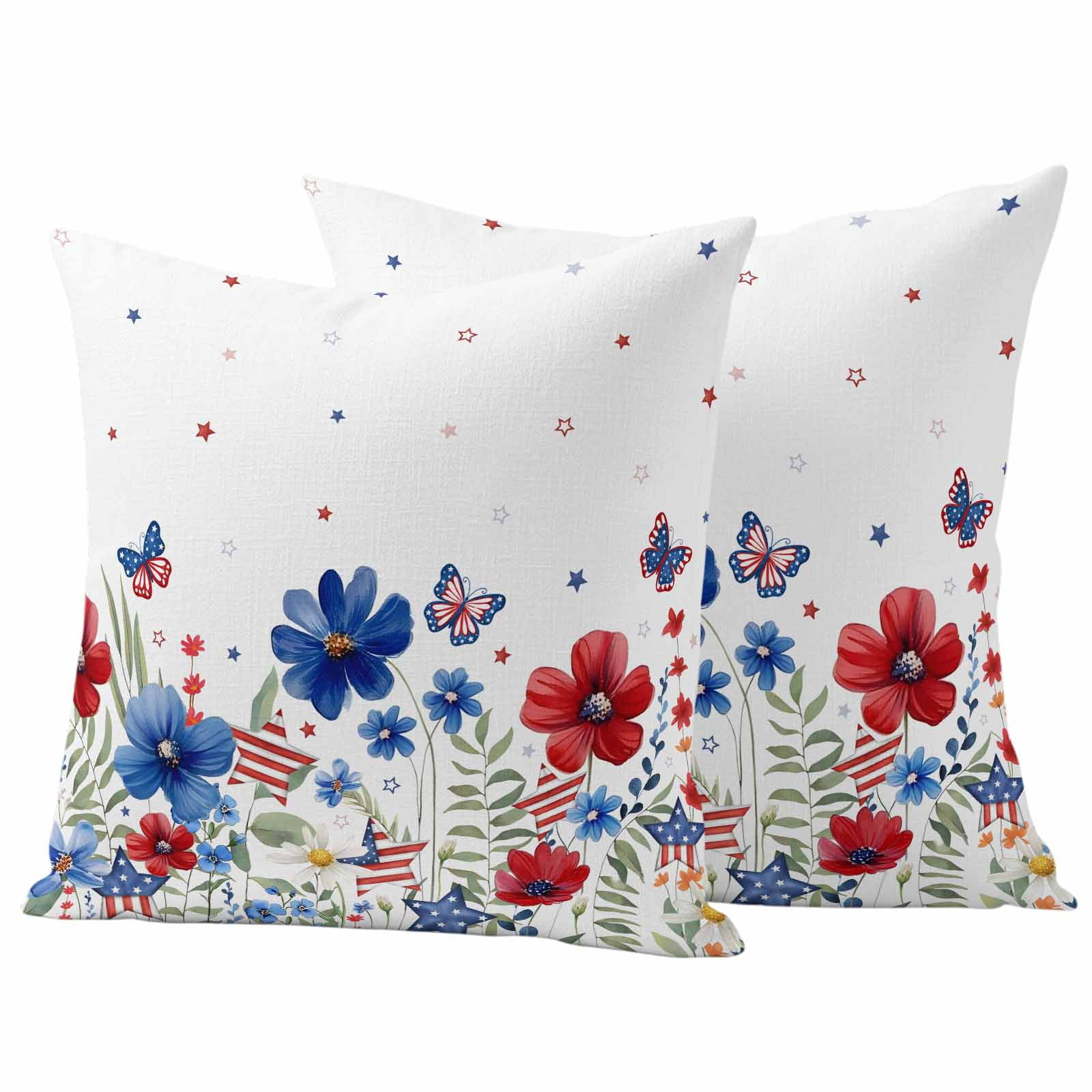 4th of July Outdoor Waterproof Throw Pillow Covers Set of 2 American Flag Butterfly Pillowcases Square Outdoor Pillows Cushion Case 18x18 Inch Red Blue Flowers Patio Pillows for Couch Sofa Bed