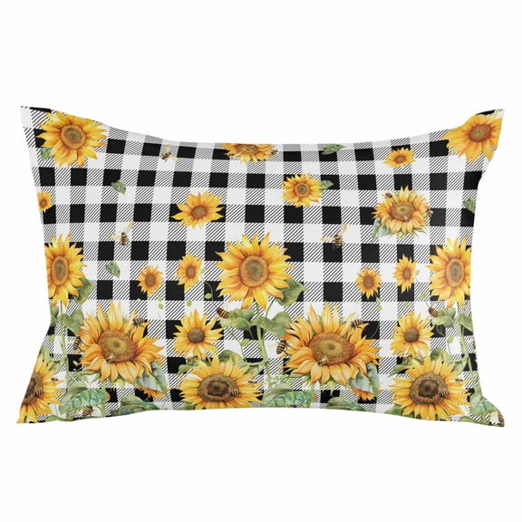 Outdoor Waterproof Throw Pillow Covers Set of 2 Bee Sunflower Decorative Pillowcases Lumbar Outdoor Pillows Cushion Case 20x12 Inch Farm Black Buffalo Plaid Patio Pillows for Couch Sofa Bed Garden