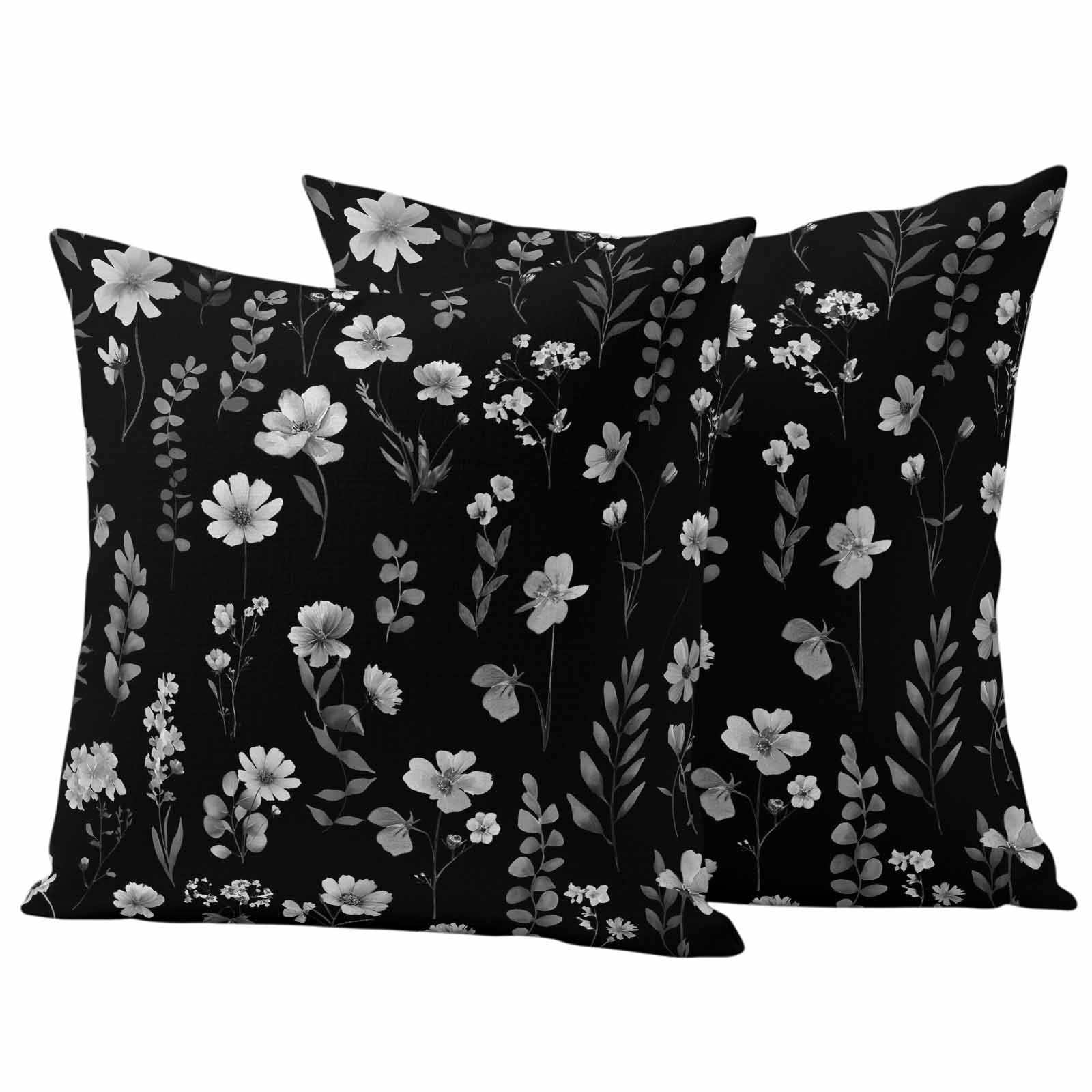 Outdoor Waterproof Throw Pillow Covers Set of 2 Black Wildflowers Decorative Pillowcases Square Outdoor Pillows Cushion Case 18x18 Inch Spring Floral Leaves Patio Pillows for Couch Sofa Bed Garden