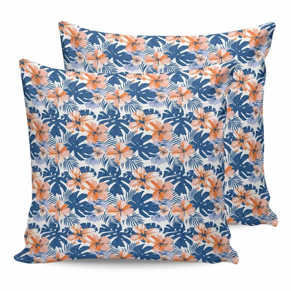 Outdoor Waterproof Throw Pillow Covers Set of 2 Blue Palm Leaves Decorative Pillowcases Square Outdoor Pillows Cushion Case 16x16 Inch Orange Tropical Floral Plants Patio Pillows for Couch Sofa Bed
