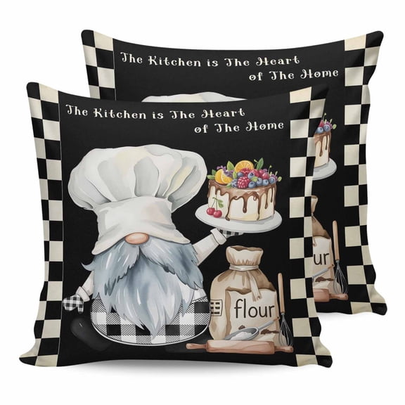 Outdoor Waterproof Throw Pillow Covers Set of 2 Cooking Chef Gnome Pillowcases Square Outdoor Pillows Cushion Case 18x18 Inch Cake Dessert Black Buffalo Plaid Patio Pillows for Couch Sofa Bed