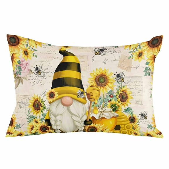 Outdoor Waterproof Throw Pillow Covers Set of 2 Gnome Honey Bee Decorative Pillowcases Lumbar Outdoor Pillows Cushion Case 20x12 Inch Sunflower Vintage Patio Pillows for Couch Sofa Bed Garden