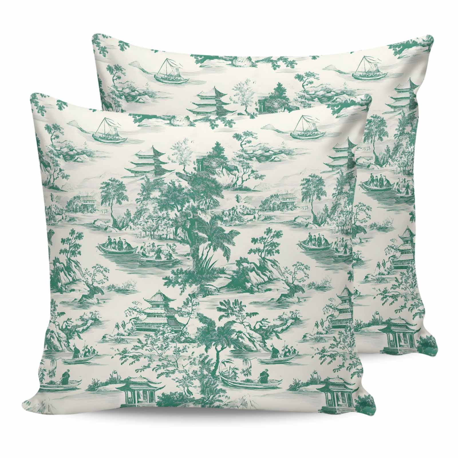 Outdoor Waterproof Throw Pillow Covers Set of 2 Green Landscape Decorative Pillowcases Square Outdoor Pillows Cushion Case 18x18 Inch Retro Chinese Style Patio Pillows for Couch Sofa Bed