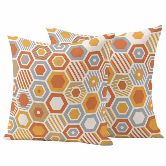Outdoor Waterproof Throw Pillow Covers Set of 2 Orange Gray Hexagon Decorative Pillowcases Square Outdoor Pillows Cushion Case 16x16 Inch Abstract Geometric Art Patio Pillows for Couch Sofa Bed