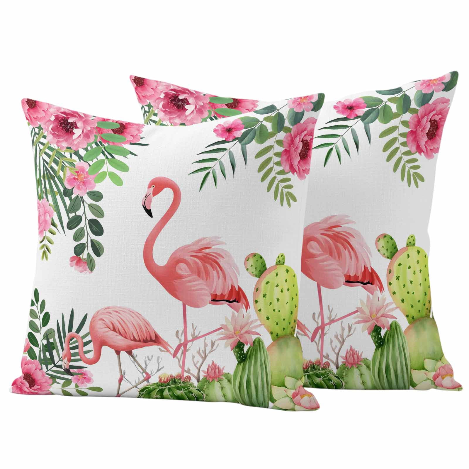 Outdoor Waterproof Throw Pillow Covers Set of 2 Pink Floral Flamingos Decorative Pillowcases Square Outdoor Pillows Cushion Case 16x16 Inch Summer Tropical Cactus Patio Pillows for Couch Sofa Bed