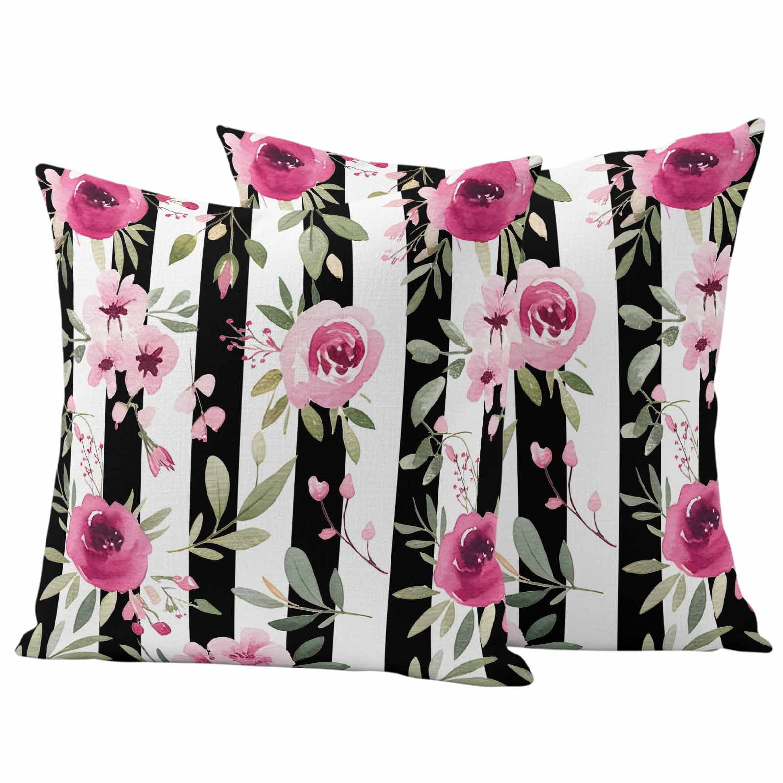 Outdoor Waterproof Throw Pillow Covers Set of 2 Pink Flowers Decorative Pillowcases Square Outdoor Pillows Cushion Case 18x18 Inch Floral Leaves Black Stripes Patio Pillows for Couch Sofa Bed Garden