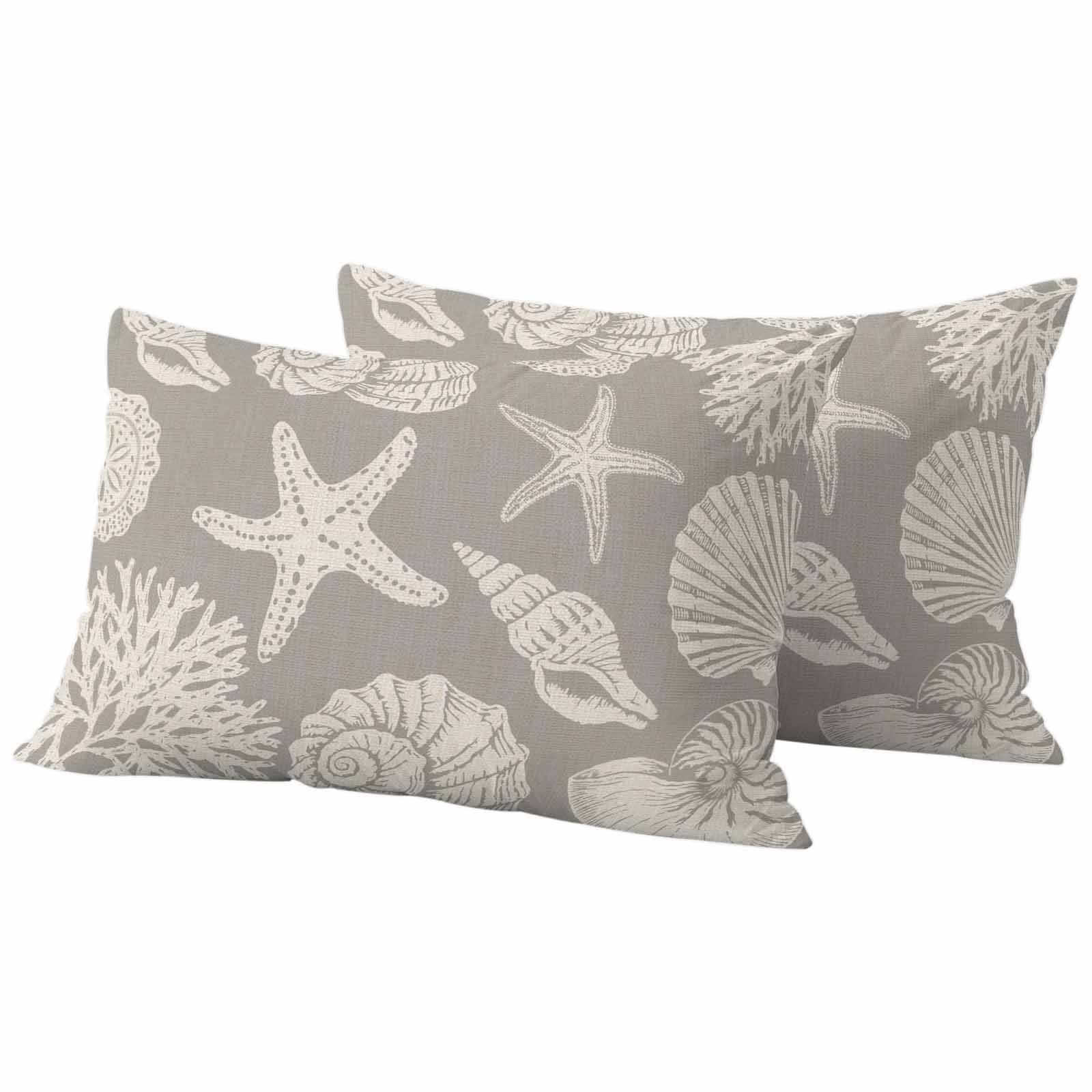 Outdoor Waterproof Throw Pillow Covers Set of 2 Shell Starfish Decorative Pillowcases Lumbar Outdoor Pillows Cushion Case 20x12 Inch Grey Coastal Coral Conch Patio Pillows for Couch Sofa Bed Garden