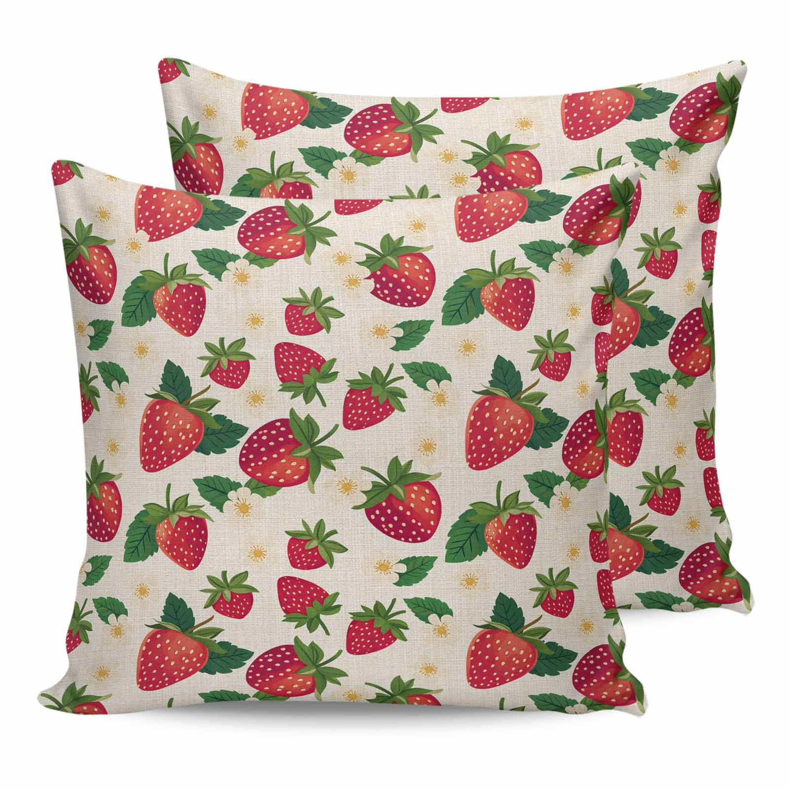 Outdoor Waterproof Throw Pillow Covers Set of 2 Strawberry Decorative Pillowcases Square Outdoor Pillows Cushion Case 18x18 Inch Cute Floral Fruit Linen Patio Pillows for Couch Sofa Bed Garden