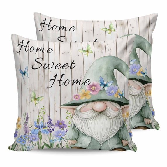 Outdoor Waterproof Throw Pillow Covers Set of 2 Sweet Home Gnome Decorative Pillowcases Square Outdoor Pillows Cushion Case 16x16 Inch Floral Butterfly Wood Grain Patio Pillows for Couch Sofa Bed
