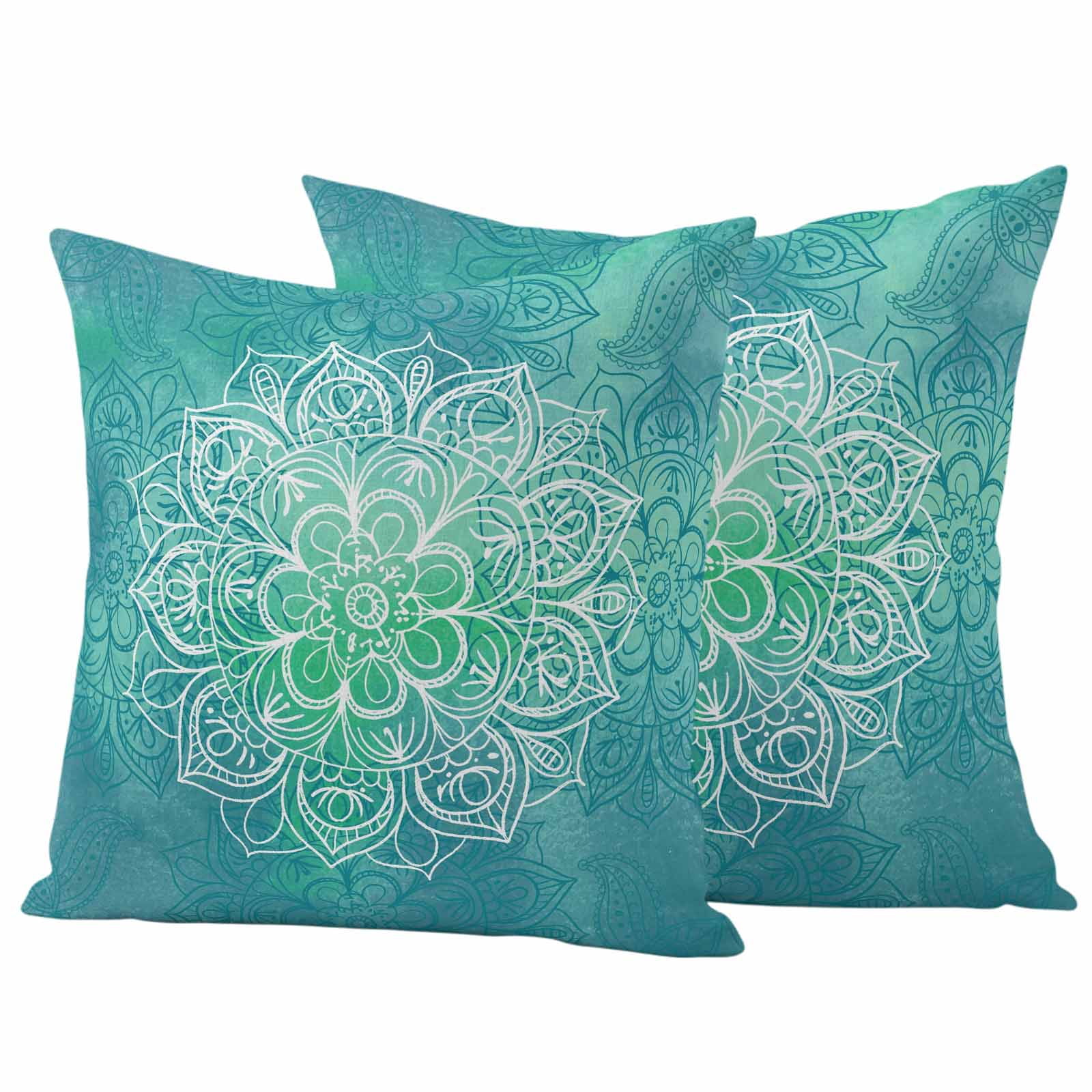 Outdoor Waterproof Throw Pillow Covers Set of 2 Turquoise Boho Floral Decorative Pillowcases Square Outdoor Pillows Cushion Case 18x18 Inch Bohemian Flower Patio Pillows for Couch Sofa Bed Garden