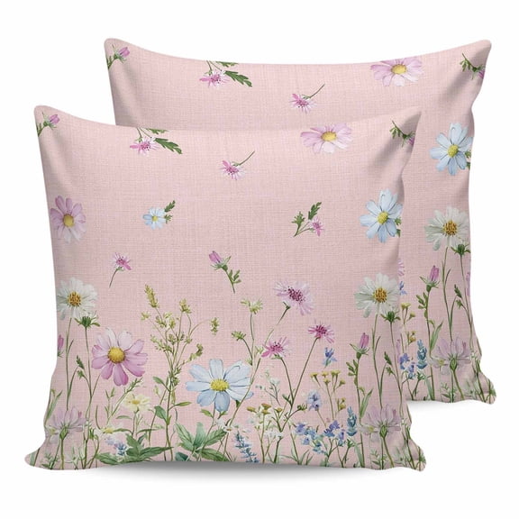 Outdoor Waterproof Throw Pillow Covers Set of 2 Wildflowers Decorative Pillowcases Square Outdoor Pillows Cushion Case 18x18 Inch Floral Herbs Fields Pink Patio Pillows for Couch Sofa Bed Garden