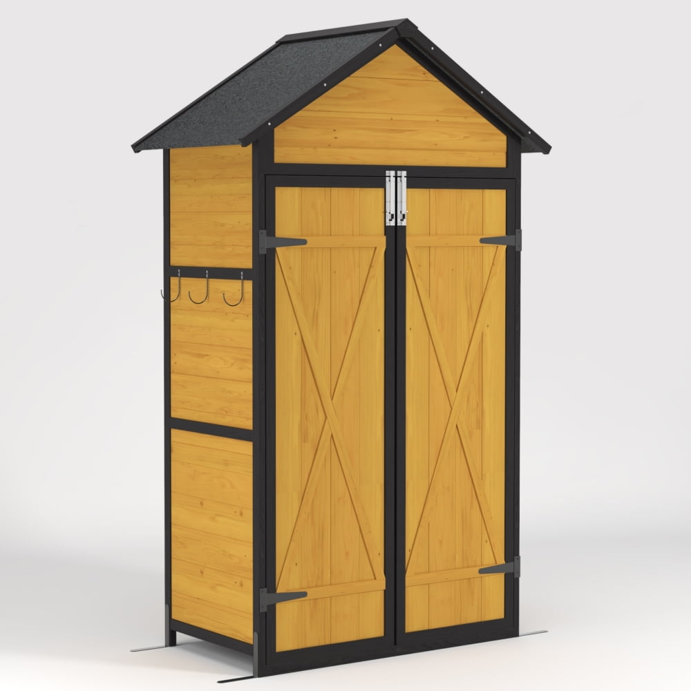 Outdoor Weatherproof Storage Cabinet: Durable Wood Garden Tool Shed with a Waterproof Roof, Lockable Doors, Removable Shelves, Foldable Table, and Hooks (69 Inches). Ideal for Yard and Patio Use