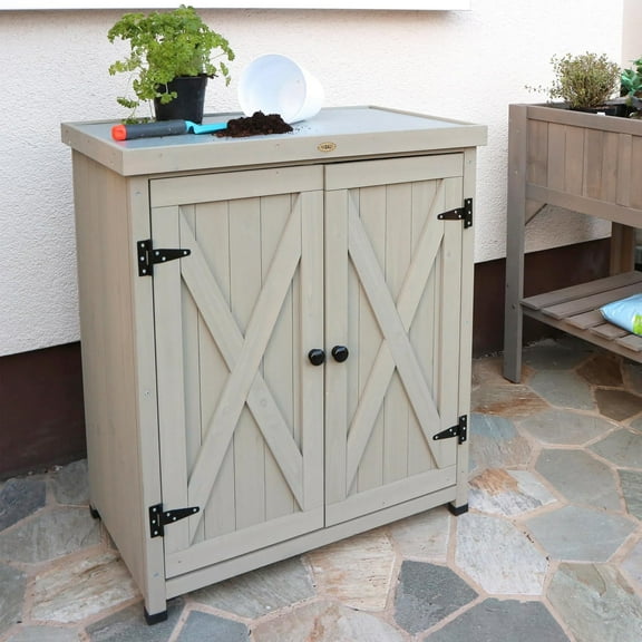 Outdoor Weatherproof Storage Cabinet, Garden Workbench with Shelves and Metal Tabletop, Wooden Potting Table Workstation