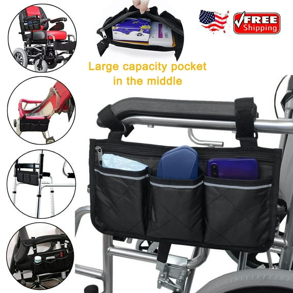 Outdoor Wheelchair Side Pocket Organizer Holder Pouch, Armrest Storage Bag, Wheelchair Side Bag with 3 Pockets for Electric Wheelchairs Scooter Walker Accessories, Black