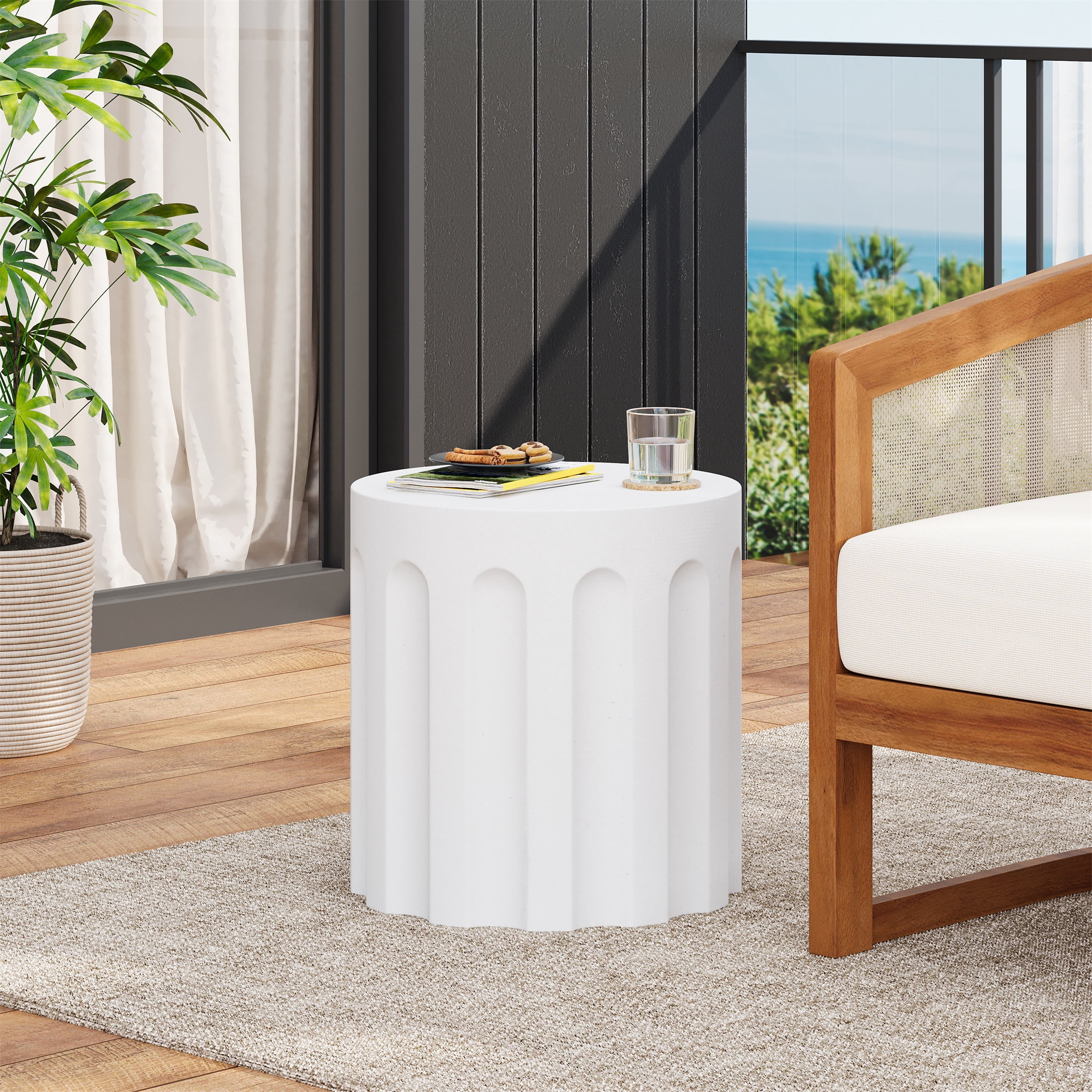 Outdoor White Cylindrical Concrete Side Table for Patio Balcony, White