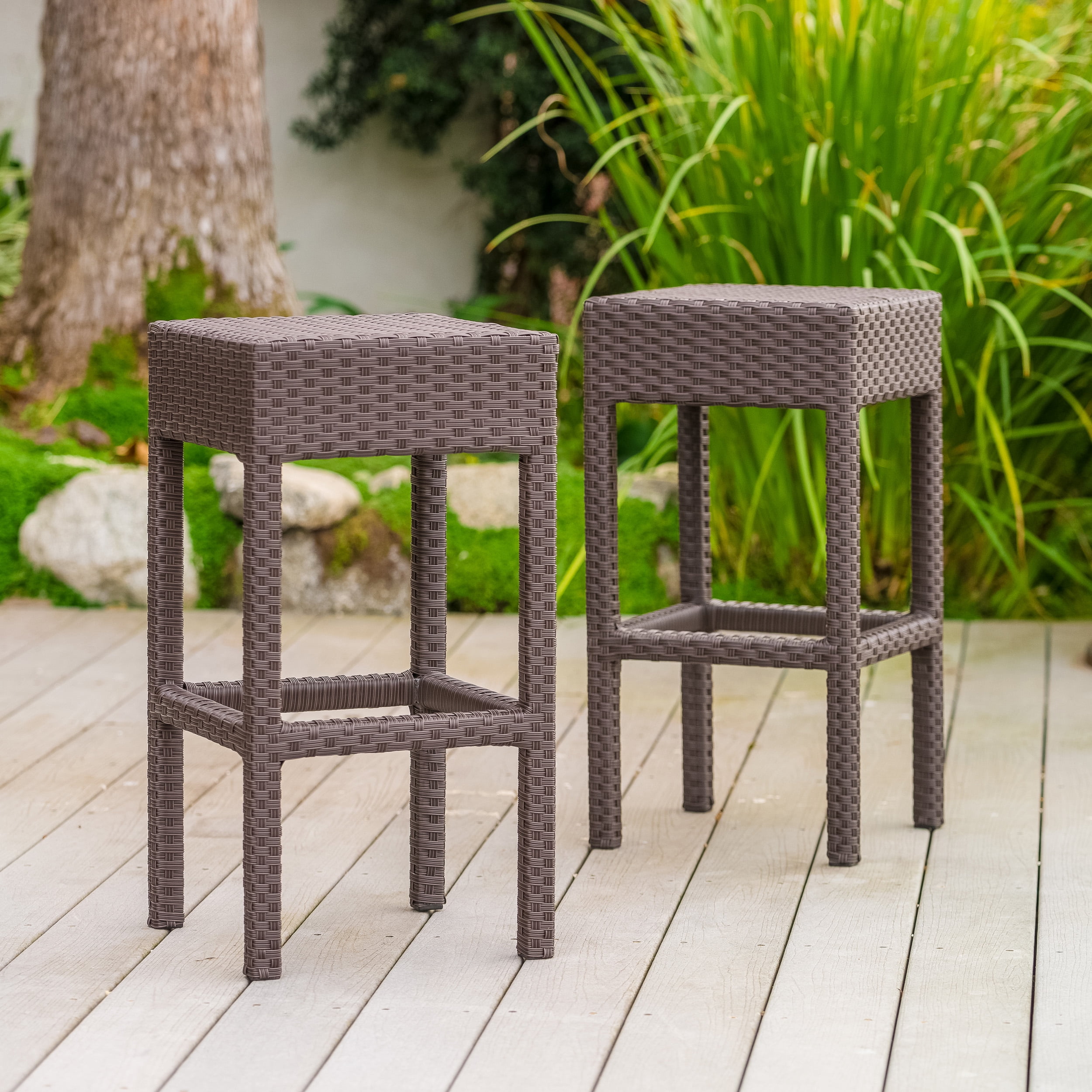 Outdoor Wicker Backless Bar Stool, Set of 2, Dark Brown - Main Image