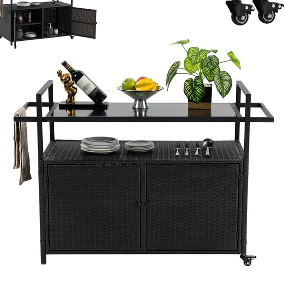 Outdoor Wicker Bar Cart, Grill Table with Storage Cabinet & Glass Top, 360° Swivel Casters, Multifunctional Beverage Cart for Kitchen Prep, Lawn & Garden, Black