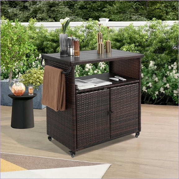 Outdoor Wicker Bar Cart Light Brown with Wheels, Tempered Glass Top for Patio | Steel | Garden & Outdoor