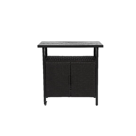 Outdoor Wicker Bar Cart, Patio Wine Serving Cart W Wheels , Rolling Rattan Beverage Bar Counter Table W Glass Top For Porch Backyard Garden Poolside Party, Black