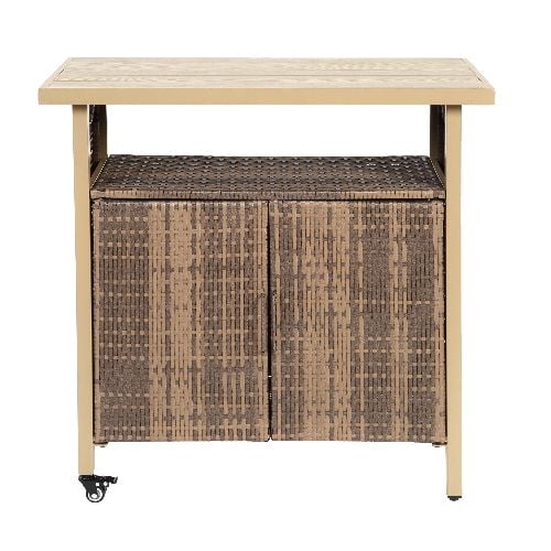 Outdoor Wicker Bar Cart, Patio Wine Serving Cart w/Wheels , Rolling Rattan Beverage Bar Counter Table w/Glass Top for Porch Backyard Garden Poolside Party, Beige