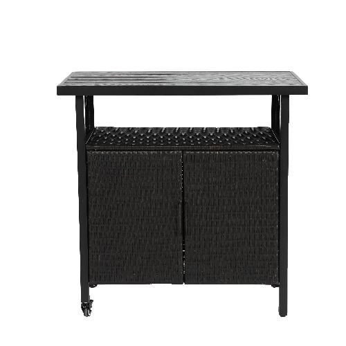 Outdoor Wicker Bar Cart, Patio Wine Serving Cart w/Wheels , Rolling Rattan Beverage Bar Counter Table w/Glass Top for Porch Backyard Garden Poolside Party, Black
