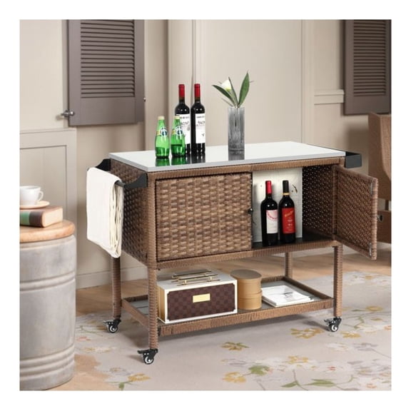 Outdoor Wicker Bar Cart, Patio Wine Serving Cart w/Wheels, Rolling Rattan Beverage Bar Counter Table w/Glass Top for Porch Backyard Garden Poolside Party, Brown