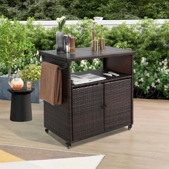 Outdoor Wicker Bar Cart, Rolling Rattan Beverage Serving Cart with Wheels and Glass Top, Patio Wine Bar Counter Table for Garden, Porch, Poolside, Backyard; Light Brown