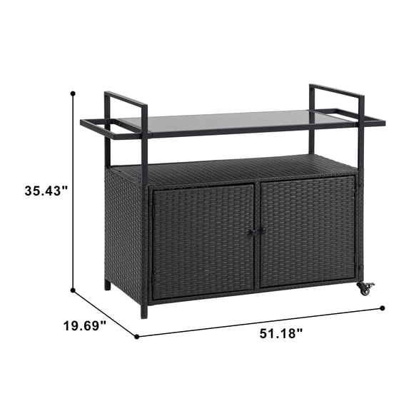 Outdoor Wicker Bar Cart with Wheels, Rolling Rattan Beverage Serving Cart with Glass Top for Patio Garden Poolside Parties, Light Brown Steel Frame, 51.18W