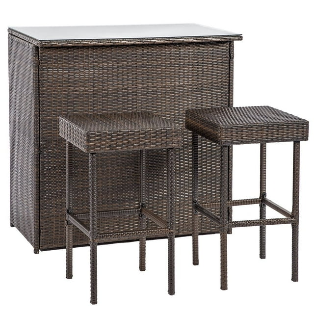 Outdoor Wicker Bar Chair Set 3 Piece,Brown