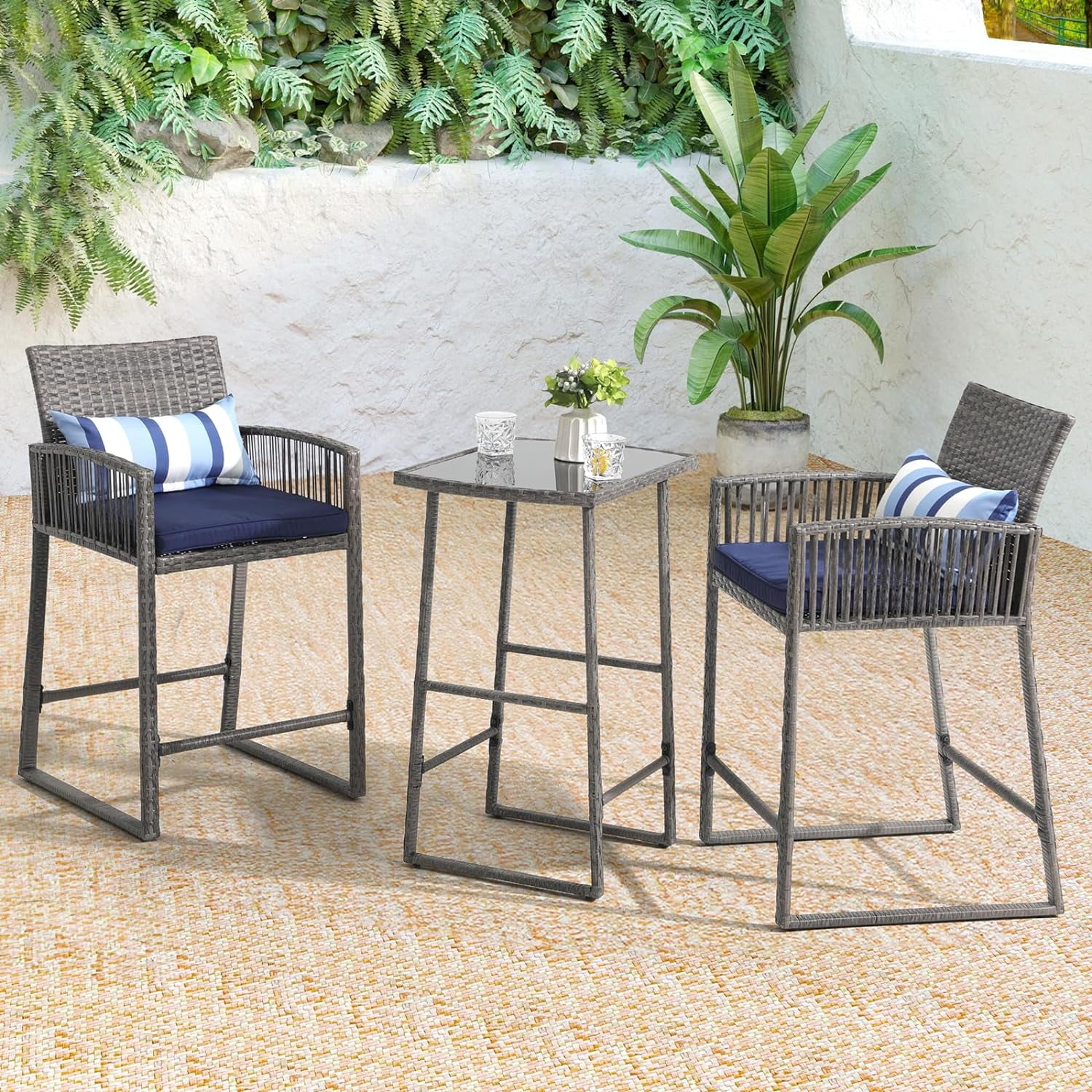Outdoor Wicker Bar Height Table Set, 2 Bar Stools And 1 Pub Table With