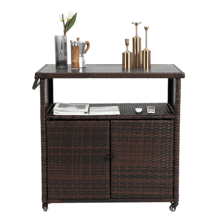 Outdoor Wicker Bar Serving Cart w/ Plastic Wood Top - Rolling Grill Prep Table w/ Wheels & Storage