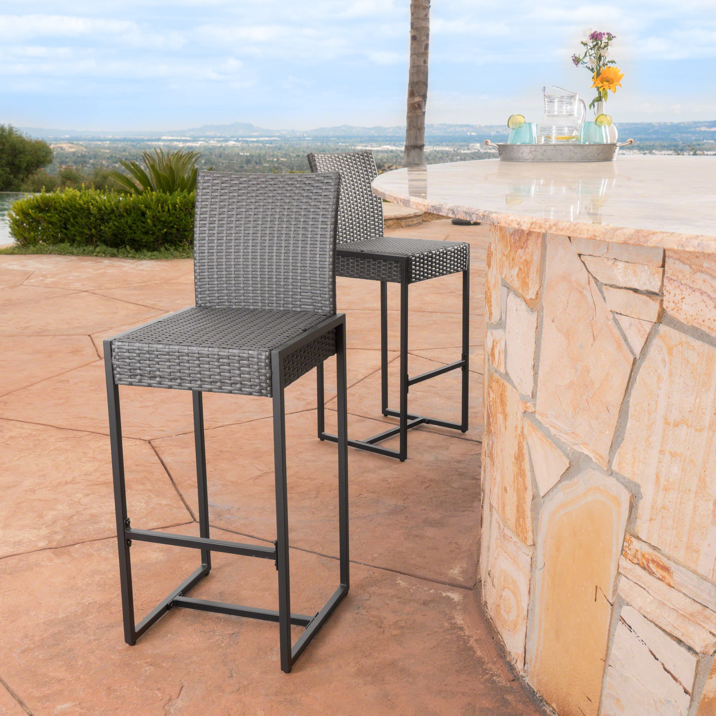Outdoor Wicker Bar Stool Set of 2, Height Leisure Seats for Patio Bar, Brown and Grey