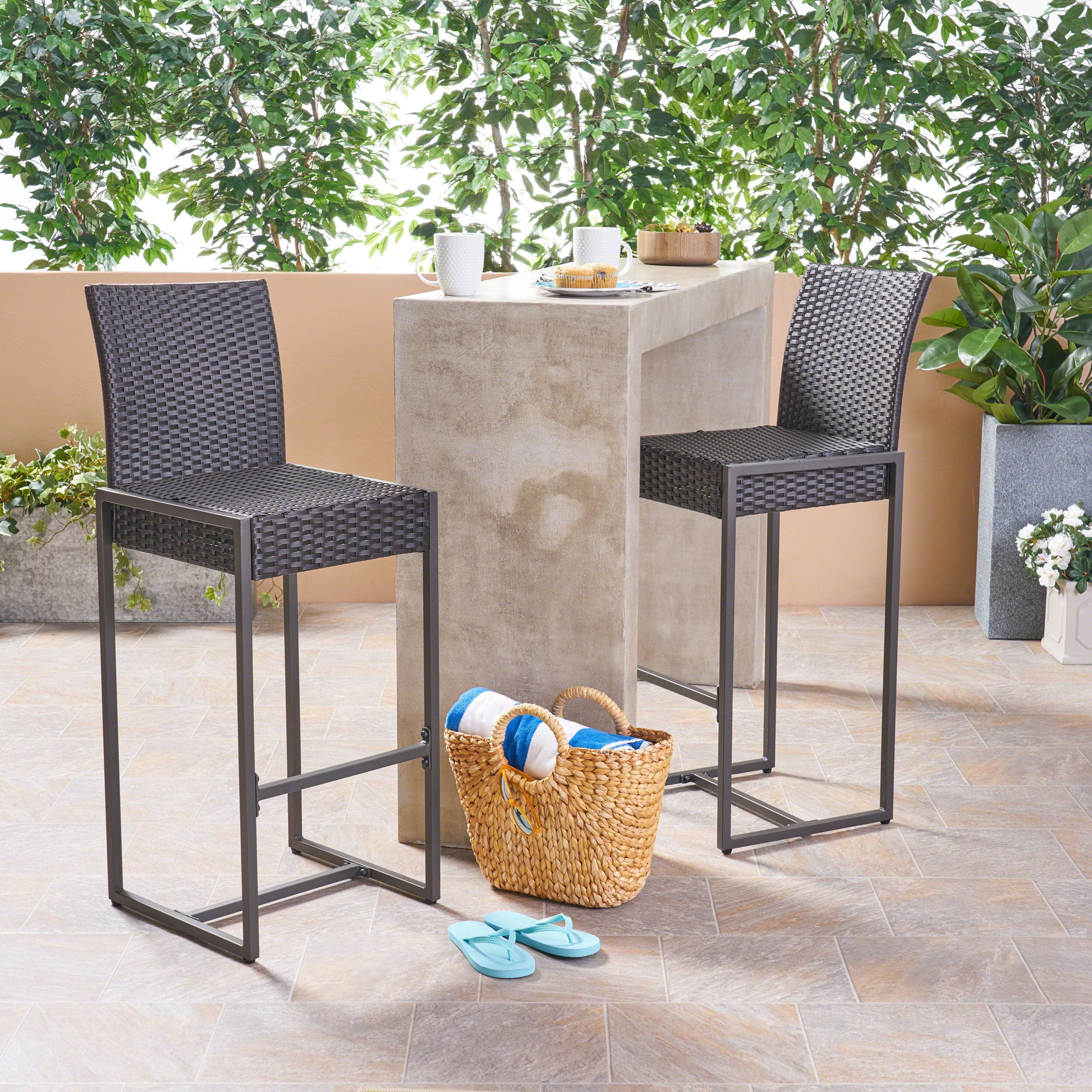 Outdoor Wicker Bar Stool Set of 2, Height Leisure Seats for Patio Bar, Dark Brown and Grey