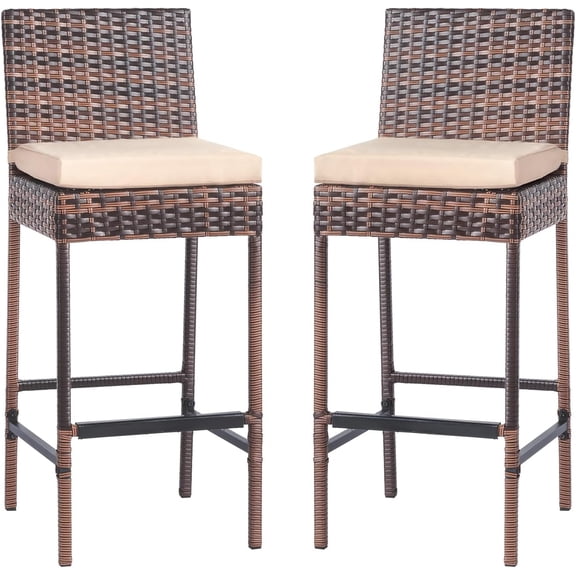 Outdoor Wicker Bar Stool Set of 2, Patio Bar Stools w/Cushion, Bar Height Patio Chairs Outdoor Rattan Barstools for Garden Pool Lawn Backyard, Brown
