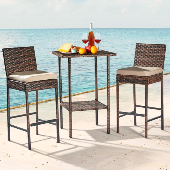 Outdoor Wicker Bar Stool Set of 2 with Cushion, Weather Resistant Chairs for Garden Pool Lawn Backyard