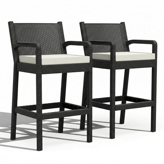 Outdoor Wicker Bar Stools Set of 2, 30 Inch Bar Height Patio Barstools with Thickened Cushions, All-Weather Wicker Rattan Bar Chairs with Backrest & Footrest for Backyard, Pool, Balcony, Beige